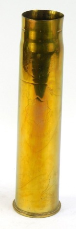 A brass shell case, inscribed World War 1914-1918, E Richardson, Forget Me Not, No 6PR, 32cm high.