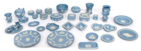 A collection of Wedgwood Blue Jasperware, to include trinket dishes and lids, bowls, vases, miniature teaset, etc. (AF)