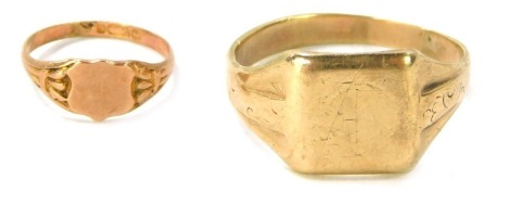 Two signet rings, comprising a 9ct rose gold signet ring, and a yellow metal unmarked signet ring, 4.6g. (2)