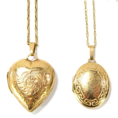 Two lockets, comprising a 9ct gold oval locket with Greek key border on fine link neck chain, 44cm long, a 9ct gold Byzantine link neck chain, 22cm long, with gold plated heart shaped locket, 11.5g all in. (2)