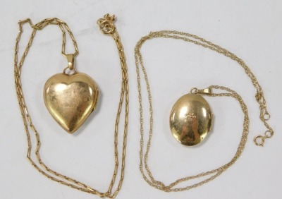 Two lockets, comprising a 9ct gold oval locket with Greek key border on fine link neck chain, 44cm long, a 9ct gold Byzantine link neck chain, 22cm long, with gold plated heart shaped locket, 11.5g all in. (2) - 2