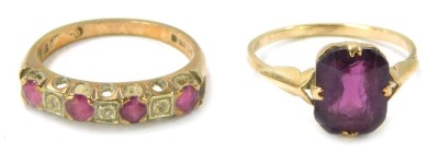 Two dress rings, comprising a 9ct gold garnet and CZ half hoop eternity ring, size P, and a 9ct gold and amethyst dress ring, size N½, 4.7g all in. (2)