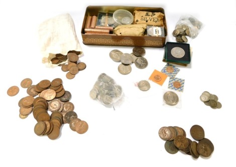 A group of coins, to include commemorative coins, including 50p pieces, silver crowns, pennies and two pennies, etc. (1 tin 1 bag)