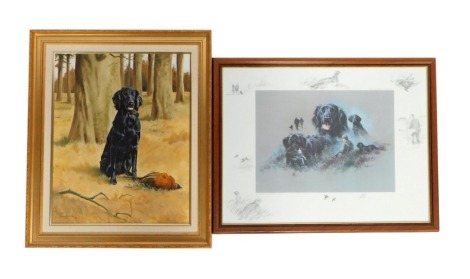 Terence Carter. Keely, Flat Coat Retriever, oil on board, 50cm x 40cm and Mick Cawston, Flat Coat Retreiver, artist signed print.