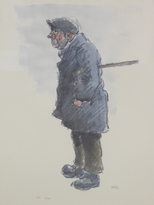 Sir Kyffin Williams (1918-2006). Elderly gentleman holding walking stick, artist initialled proof, 52cm x 38cm.