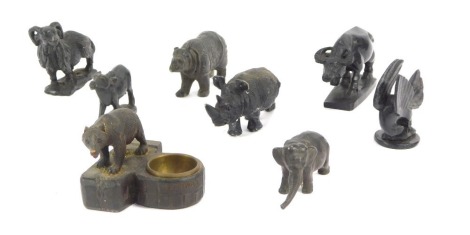 A group of metal and stone carved animals, to include a ram, hippo, Eastern bull, etc. (a quantity)