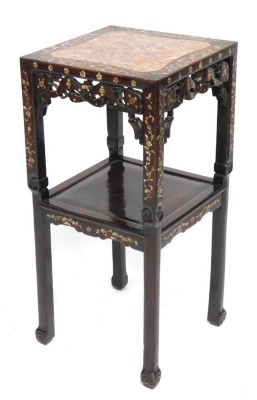 A Chinese plant stand, with red marble inset top and mother of pearl inlay, over two tiers with square top, 80cm high, the top 38cm x 38cm.