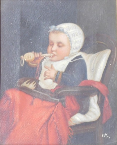 Attributed to Abraham Hulk Senior. Babies Rattle, oil on canvas, unframed, 20cm x 15.5cm.