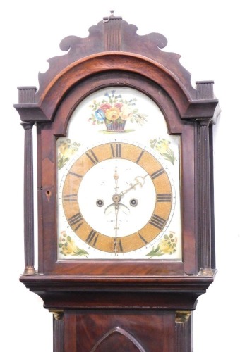 A George III mahogany longcase clock, with swan pediment top, with painted Roman numeric dial, and eight day movement, 210cm high, 47cm wide, 23cm deep. (AF)
