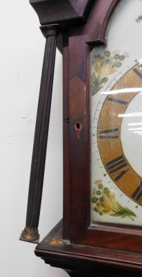 A George III mahogany longcase clock, with swan pediment top, with painted Roman numeric dial, and eight day movement, 210cm high, 47cm wide, 23cm deep. (AF) - 4