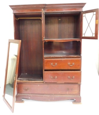 An Edwardian mahogany compactum wardrobe, with moulded cornice top, single mirrored door, two glazed panel doors, open shelf and three drawers, 206cm high, 137cm wide, 52cm deep. - 2