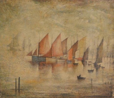 Laurence Stephen Lowry (1887-1976). Sailing boats, artist signed print, EFH blind stamp 1975 Venture Prints, 30cm x 35cm.