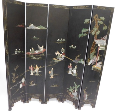 A Continental five fold dressing screen, with raised relief figures of Geisha and trees, each panel 60cm high, 32cm wide.