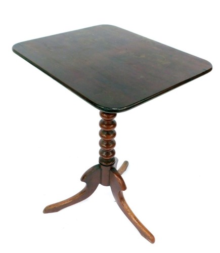 A 19thC mahogany table, with rectangular top on bobbin turned support and tripod base, 75cm high, 54cm wide, 44cm deep.