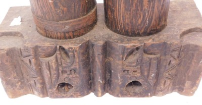 An African tribal drum set, with two drums on a block carved base, with iron bands, 96cm high, 64cm wide, 24cm deep. - 2