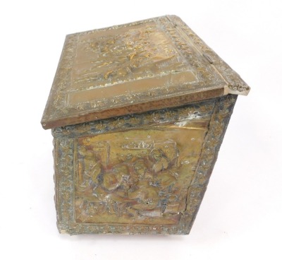 A copper log box, with embossed figures by buildings, and contents of logs, 51cm high, 56cm wide, 34cm deep. - 3