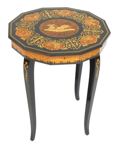 An Italian musical side table, with octagonal inlaid top with chariot and horses, 56cm high, 47cm diameter.