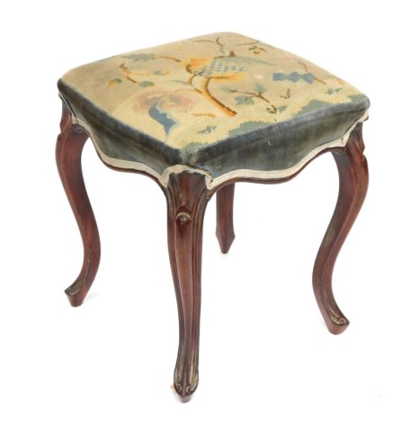A Victorian rosewood stool, the blue and cream tapestry floral seat on outsplayed and carved mahogany legs, 43cm high, the top 40cm x 40cm.