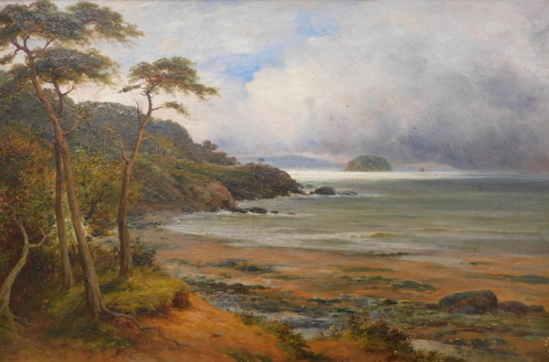 Francis Claridge Turner (1841-1912). Calm seascape, trees before hills and calm seas, oil on canvas, signed and dated (18)96, 53cm x 79cm.