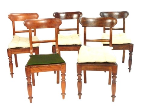 A set of five 19thC and later satin beech dining chairs, each with a solid seat.