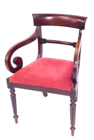 A 19thC satin beech carver chair, with bar back, with pink drop-in seat.