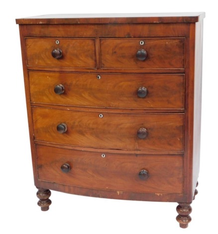 A 19thC mahogany bow front chest, of two short and three long drawers, with mother of pearl key holes and bun handles, 127cm high, 107cm wide, 52cm deep. (AF)