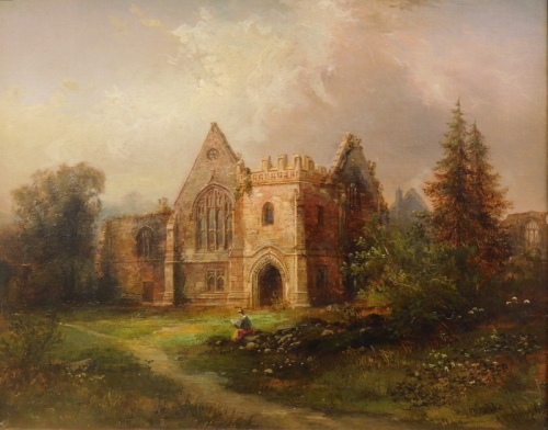 A. Sinclair (19thC School). Figure before ruined church, oil on canvas, unsigned, 44cm x 48cm.