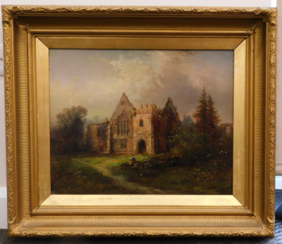 A. Sinclair (19thC School). Figure before ruined church, oil on canvas, unsigned, 44cm x 48cm. - 2