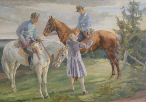 Hans Wedel (1885-1953). Mounted German cavalry officers in a landscape, with another man in attendance, oil on canvas, signed, 80cm x 120cm. Biographical Notes: Hans Wedel was born in Frankfurt on 14th August 1885. He studied fine art with Professor W. A.