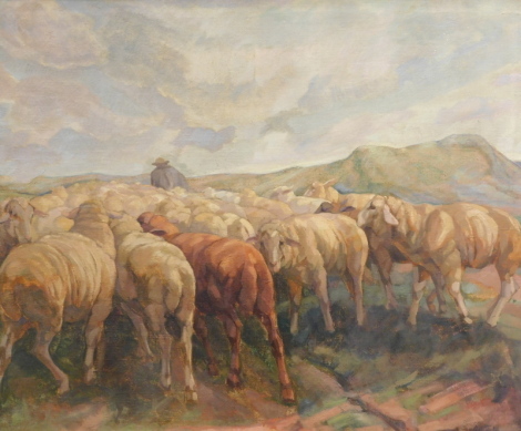 Hans Wedel (1885-1953). A shepherd with his flock in mountainous landscape, oil on canvas, signed, 92cm x 117cm.