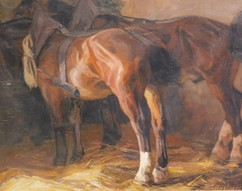 Hans Wedel (1885-1953). A study of harnessed horses in a stable, oil on canvas, signed, 84cm x 100cm.