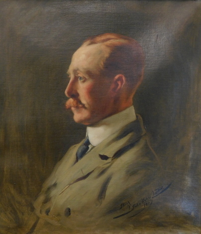 Sir John Helier Lander (1869-1944), portrait of a gentleman, head and shoulders side profile, wearing a suit, oil on canvas, signed, circa 1907, 67cm x 49cm.