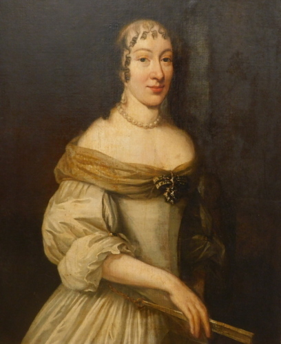 17th/18thC follower of Sir Peter Lely. Portrait of a lady half length, with ringlets and wearing a pearl necklace, holding a fan, oil on canvas, 89cm x 69cm.