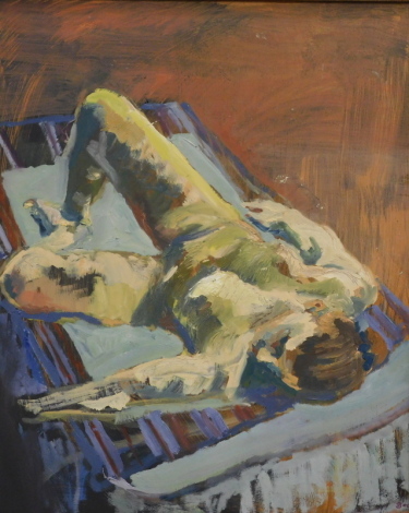 Sharman Green (20thC). Reclining nude, oil on board, signed, 76cm x 61cm.