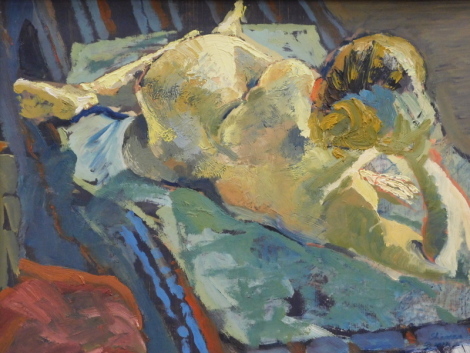 Sharman Green (20thC). Reclining nude female, oil on board, signed, 40cm x 56cm.