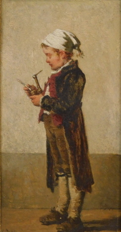 Carl Schloesser (1832-1914). His First Pipe, oil on board, signed, 20cm x 10cm.