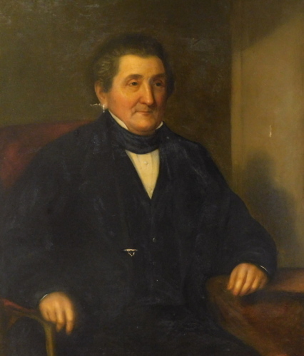 19thC English School. Portrait of John Robinson Esq, in a seated pose, oil on canvas, bears a plaque to the frame inscribed 'John Robinson Esq, Director of the Knaresboro' & Claro Banking Co, presented by the shareholders, April 1860', 120cm x 84cm (AF).