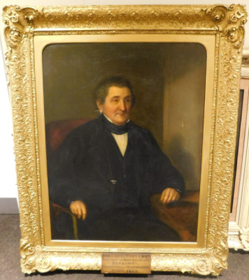 19thC English School. Portrait of John Robinson Esq, in a seated pose, oil on canvas, bears a plaque to the frame inscribed 'John Robinson Esq, Director of the Knaresboro' & Claro Banking Co, presented by the shareholders, April 1860', 120cm x 84cm (AF). - 2