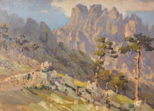 Charles S. Meacham (1860-1940). Hilltop landscape, trees before mountains, oil on board, Attributed verso, 25cm x 34cm.