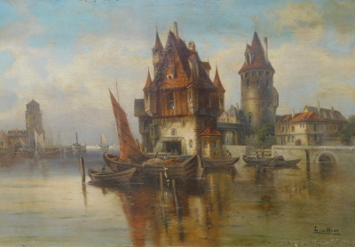 L. Van Howe (1843-1902). Dutch landscape, figures drying sails before house, oil on canvas, signed, 75cm x 96cm.