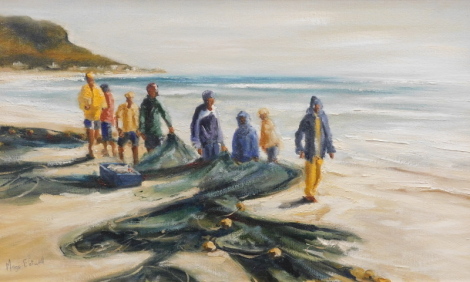 Mags Eatwell (20thC). Fishermen with nets on a beach, oil on canvas, signed, 33cm x 56cm.