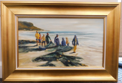 Mags Eatwell (20thC). Fishermen with nets on a beach, oil on canvas, signed, 33cm x 56cm. - 2