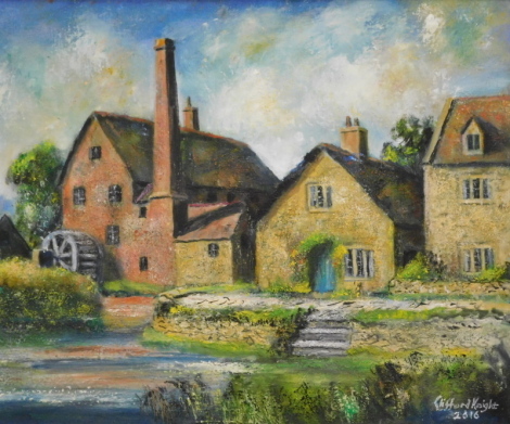 Clifford Edgar Levi Knight (1930-2016). Lower Slaughter Mill, Cotswolds, oil on board, signed and dated 2016, 59cm x 77cm.