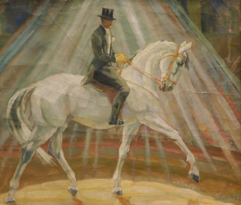 Hans Wedel (1885-1953). Circus ring master mounted on a grey stallion, oil on canvas, signed, 49cm x 60cm.