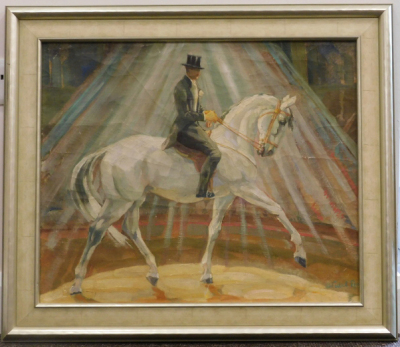 Hans Wedel (1885-1953). Circus ring master mounted on a grey stallion, oil on canvas, signed, 49cm x 60cm. - 2