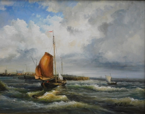 Vincentio De Luca (20thC). Boats on rough seas, oil on board, signed, 29cm x 42cm and another similar. - a pair. (2)