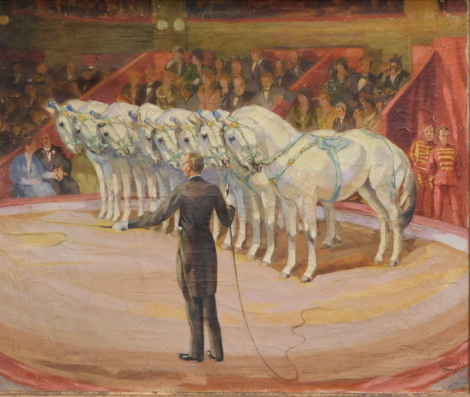 Hans Wedel (1885-1953). Circus top with ring master and a team of grey horses amid figures, oil on canvas, signed, 50cm x 60cm.