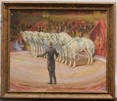 Hans Wedel (1885-1953). Circus top with ring master and a team of grey horses amid figures, oil on canvas, signed, 50cm x 60cm. - 2