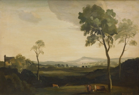 Philip Hugh Padwick (1876-1958). Landscape, cattle before trees, with hills in the distance, oil on canvas, signed, Henry Vincent and other labels and attribution verso,.34cm x 49cm.