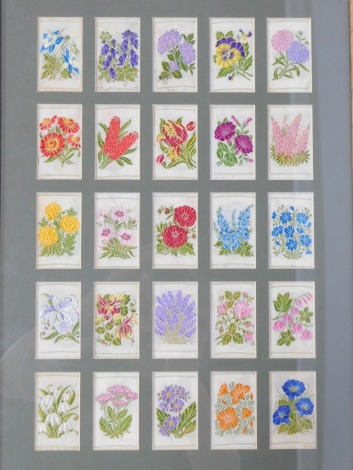 A set of framed Kensita's silk floral cards, twenty in fitted frame.